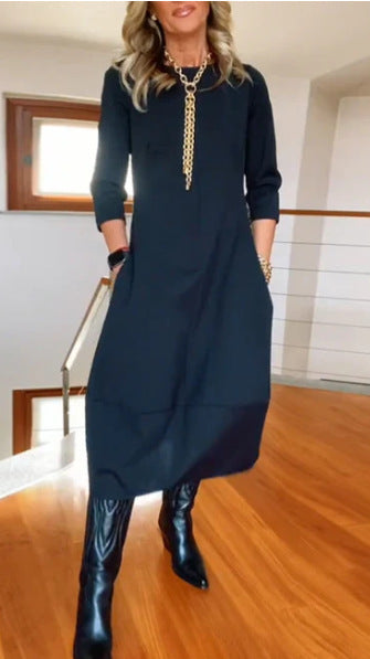 🔥【S-5XL】✨🙌Elegáns, egyszínű, hosszú ujjú ruha, kényelmes és praktikus, mindennapi viseletre alkalmas.