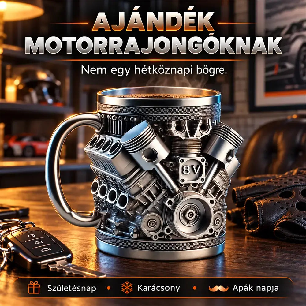 🎁☕ Kreatív V6/V8 motoros rozsdamentes acél kávés bögre