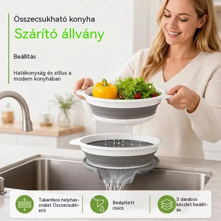 ⏰ 3 darabos összecsukható szűrőedény készlet vízelvezető talppal