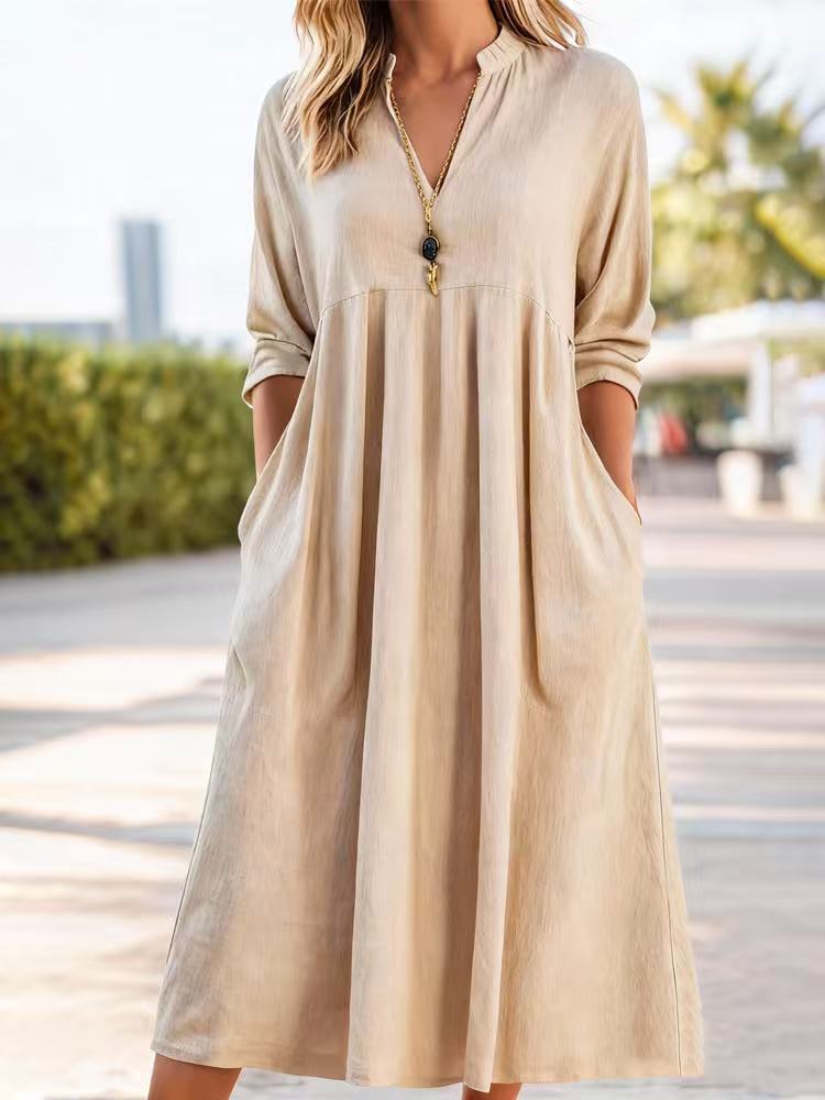 💃【50 % popust】Nova modna retro obleka iz bombaža in lana z V-izrezom