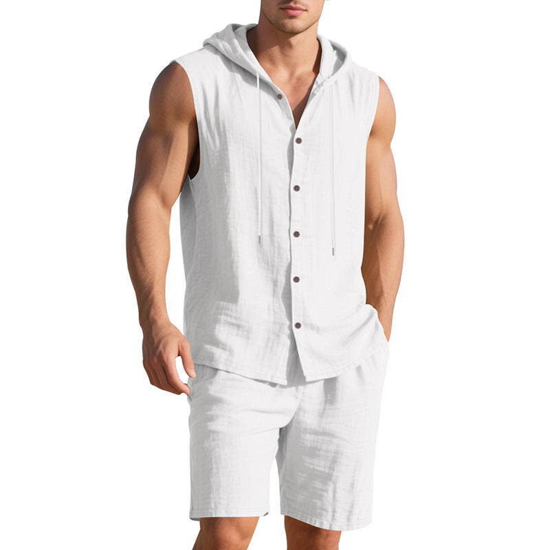 【S-3XL】Nowy męski lniany, swobodny, sportowy, luźny, dwuczęściowy komplet, z kapturem i bezrękawnikami【Płatność gotówką przy odbiorze】