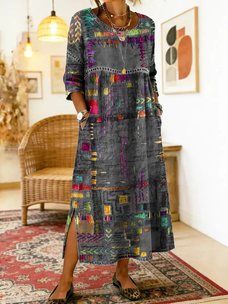 🌺✨ Zadnji dan 50% popusta!【S-5XL】Poletna retro obleka z okroglim izrezom in potiskom, lahka in zračna, oprijeta in enostavna za kombiniranje.