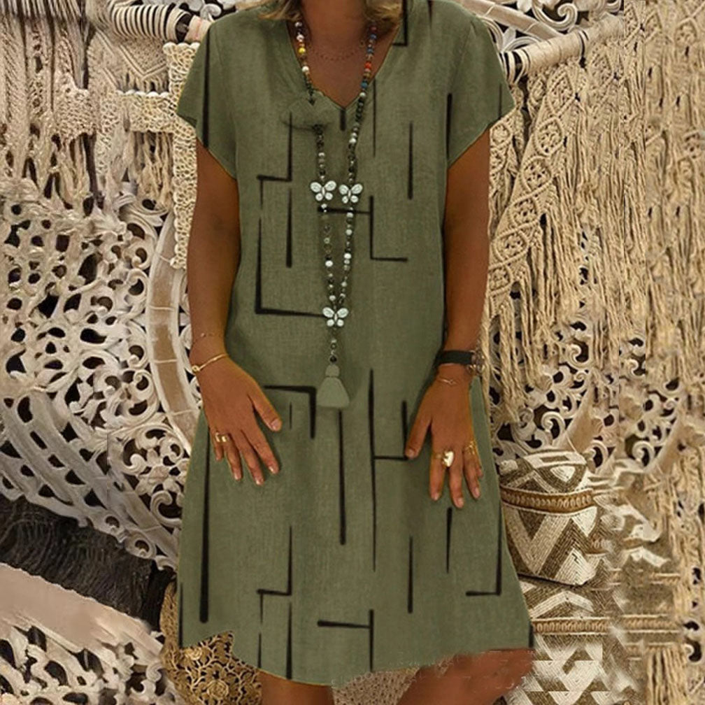 👗【S–5XL】Mintás pamut ruha V-nyakkivágással-4349831