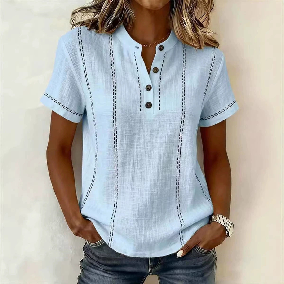 ✨【S-3XL】Nyári, bő szabású, lezser, mintás, gombos, állógalléros, rövid ujjú női ing