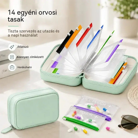 💊 Hordozható gyógyszertartó és rendszerező tok - Rendezetten és biztonságosan tárolhatod tablettáidat, vidd magaddal a gyógyszereidet bárhová!