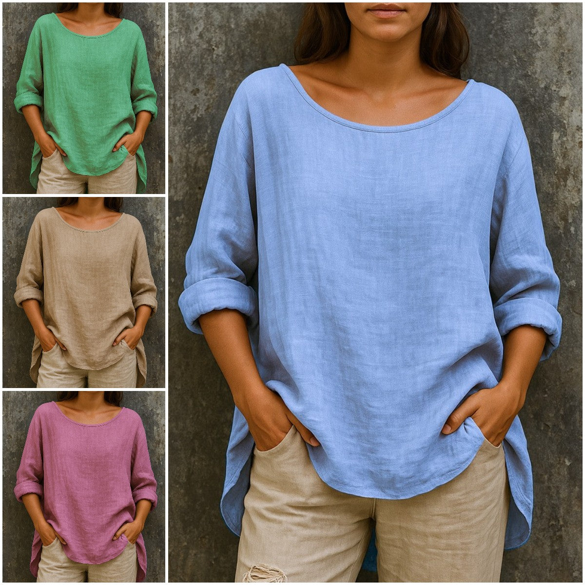🦋🦋【S-3XL】Vintage stílusú, pamut-len kerek nyakú póló – bő, divatos, nagy méretekre szabva