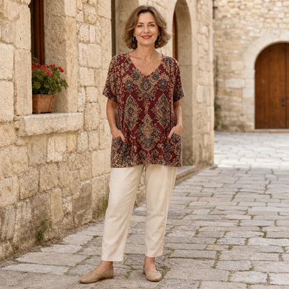 【Újdonság 2026 nyár】Női tiszta pamut V-nyakú póló 3D virágmintával, laza szabás, oldalzsebekkel, 6 színben, S-5XL! 🌺✨