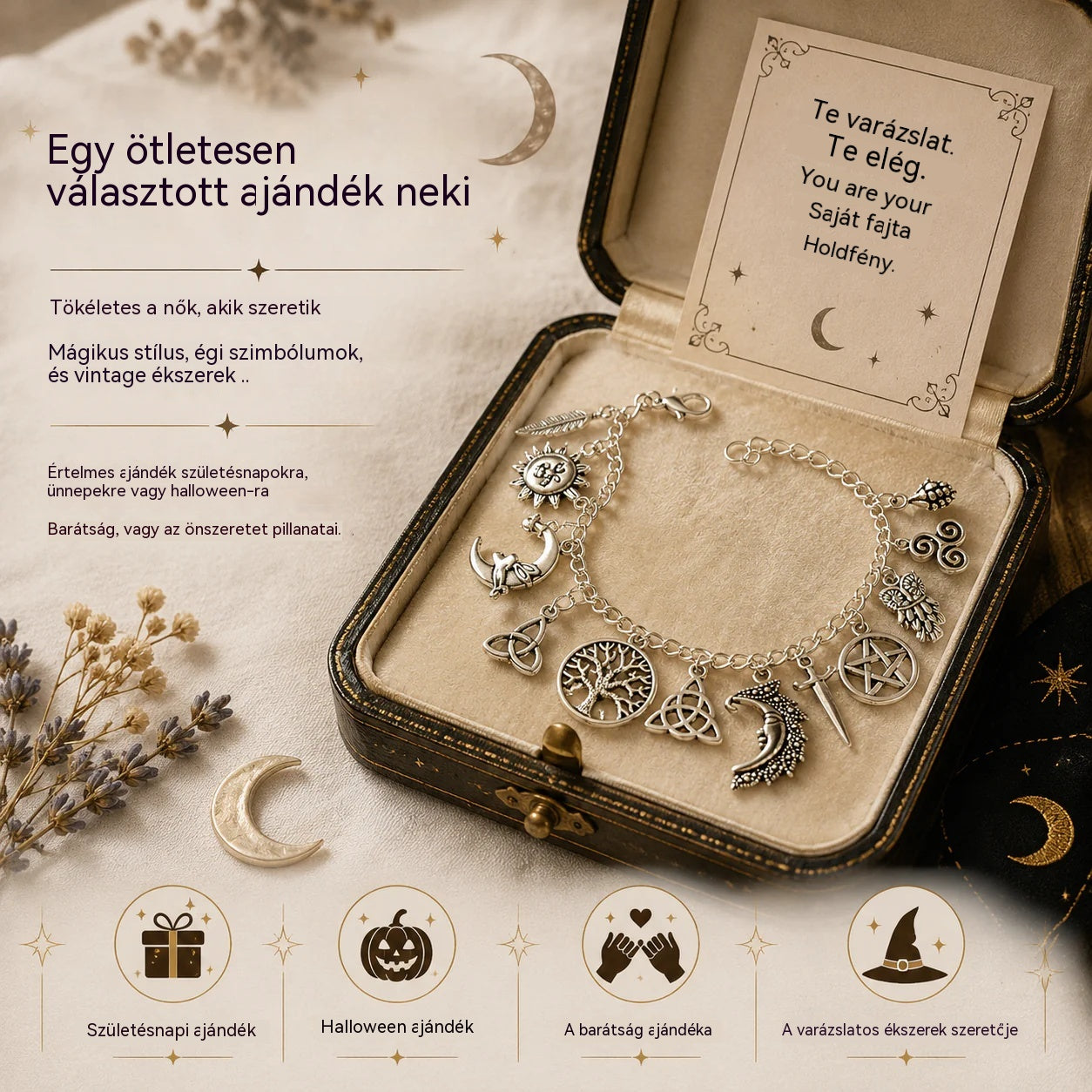 Vintage misztikus női charm karkötő – Égi, gótikus és bohó ékszer 🔮✨