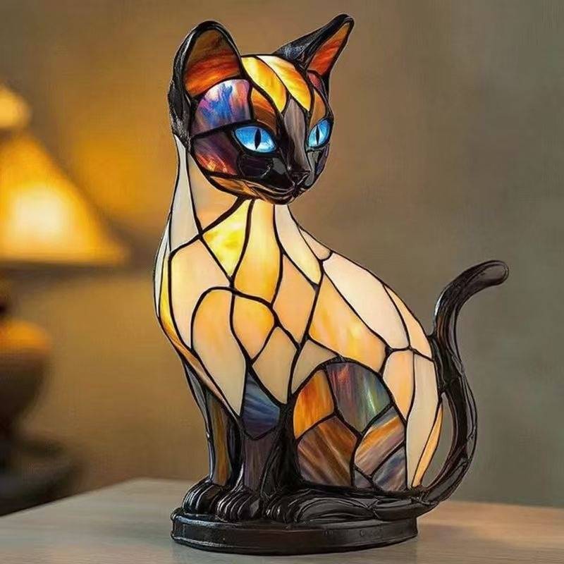 🐱Macska alakú asztali lámpa, retró éjszakai fény színes gyantából, macska témával