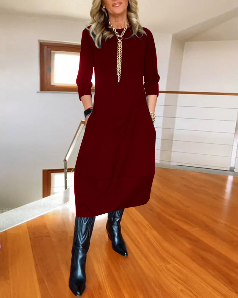 🔥【S-5XL】✨🙌Elegáns, egyszínű, hosszú ujjú ruha, kényelmes és praktikus, mindennapi viseletre alkalmas.
