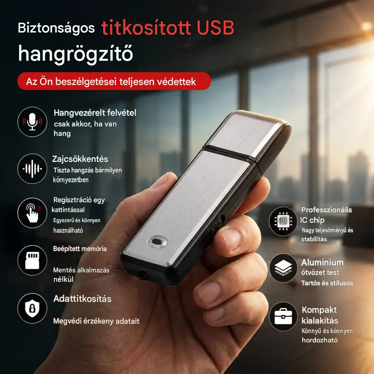 Hordozható, nagy felbontású USB hangrögzítő zajcsökkentéssel
