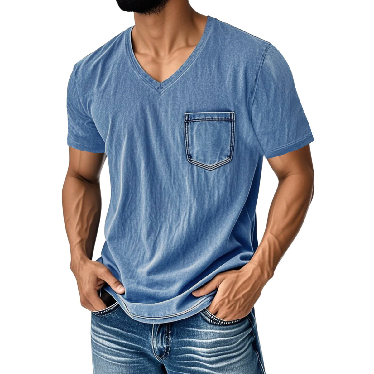 👔 50% kedvezmény🔥【40-120 kg】Férfi laza farmerhatású V-nyakú rövid ujjú póló ✅️Utánvétes fizetés ✅️2 darab vásárlása esetén 70% kedvezmény