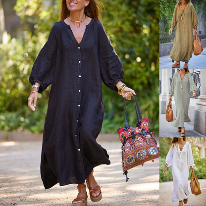 👗🎁 [S–3XL] Nova ženska duga haljina-košulja s V-izrezom, prirodni materijal od pamuka i lana