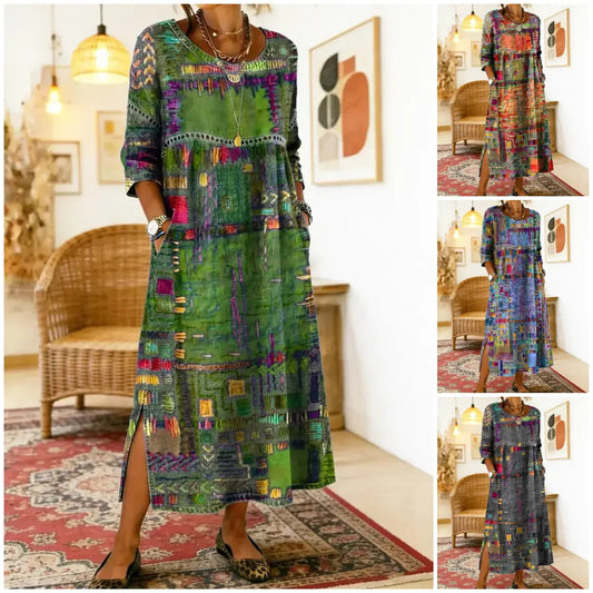 🌺✨ Zadnji dan 50% popusta!【S-5XL】Poletna retro obleka z okroglim izrezom in potiskom, lahka in zračna, oprijeta in enostavna za kombiniranje.