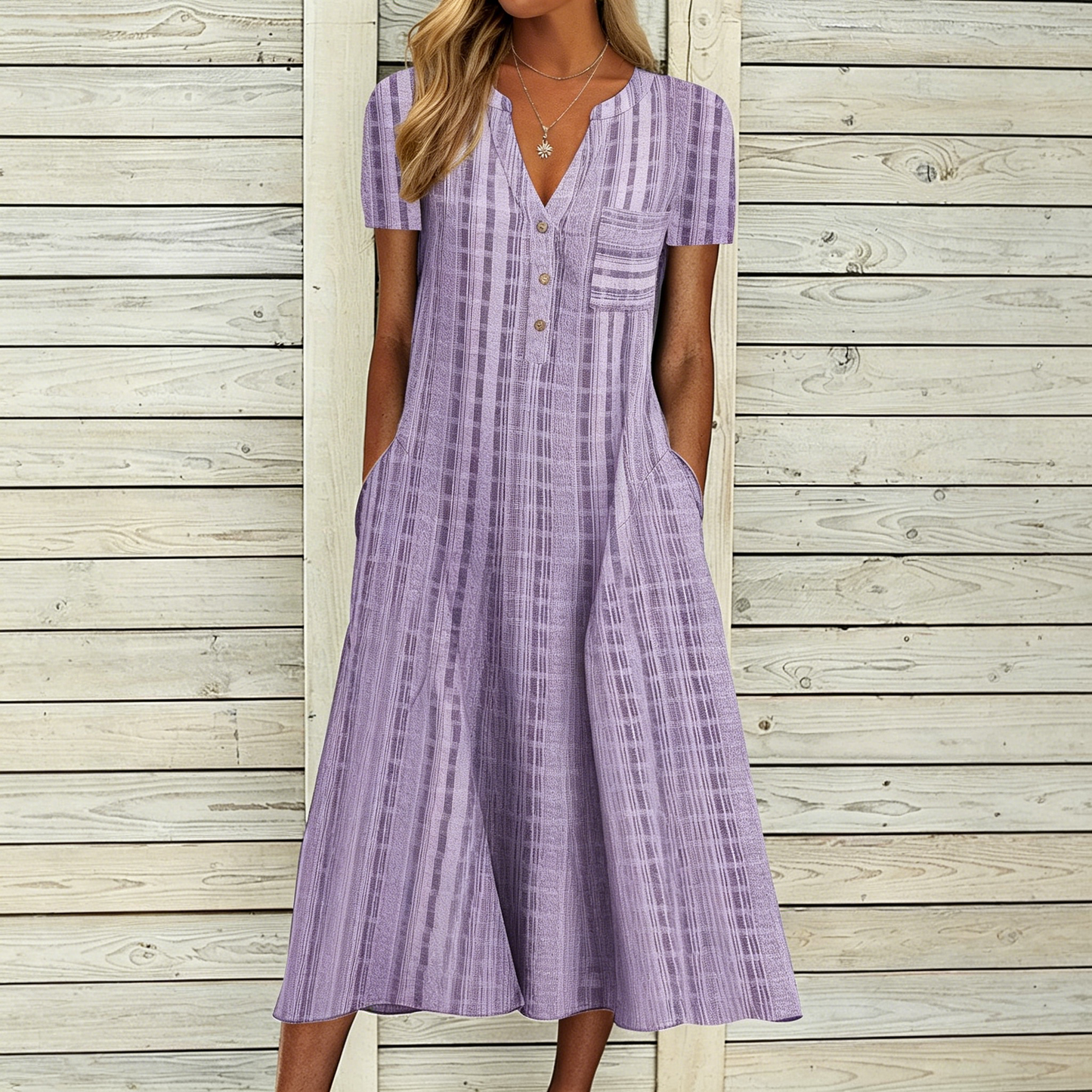 🔥【50% kedvezmény】[S-3XL]👗Elegáns kockás V nyakú A-vonalú ruha