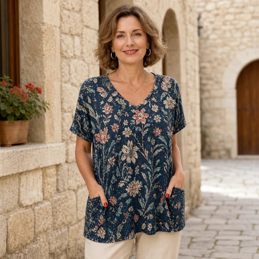 【Újdonság 2026 nyár】Női tiszta pamut V-nyakú póló 3D virágmintával, laza szabás, oldalzsebekkel, 6 színben, S-5XL! 🌺✨