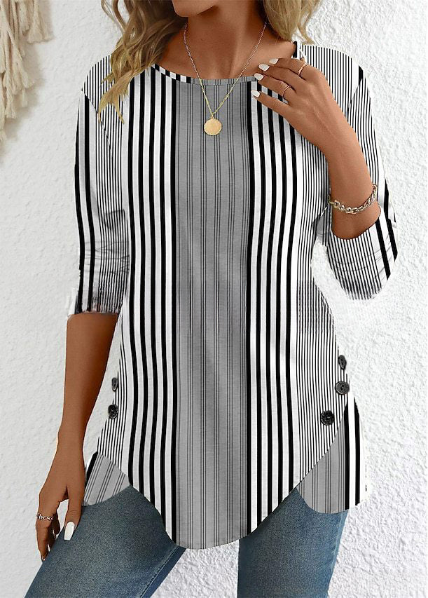 👕50% kedvezmény【S-3XL】Női kerek nyakú csíkos alkalmi póló