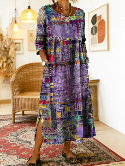💟【S–5XL】Női ruha tiszta pamutból, etnikai mintával, patchwork kivitelben, csipkés szegéllyel