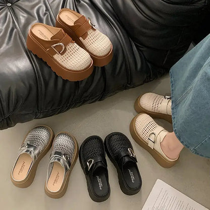 Nyári magas platform papucs, fonott és légáteresztő dizájn, retro-modern stílus, 35-40 méret
