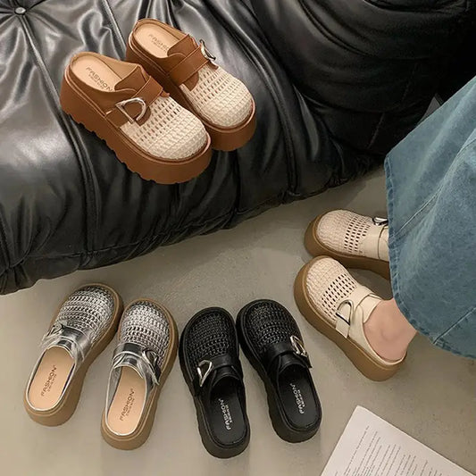 Nyári magas platform papucs, fonott és légáteresztő dizájn, retro-modern stílus, 35-40 méret