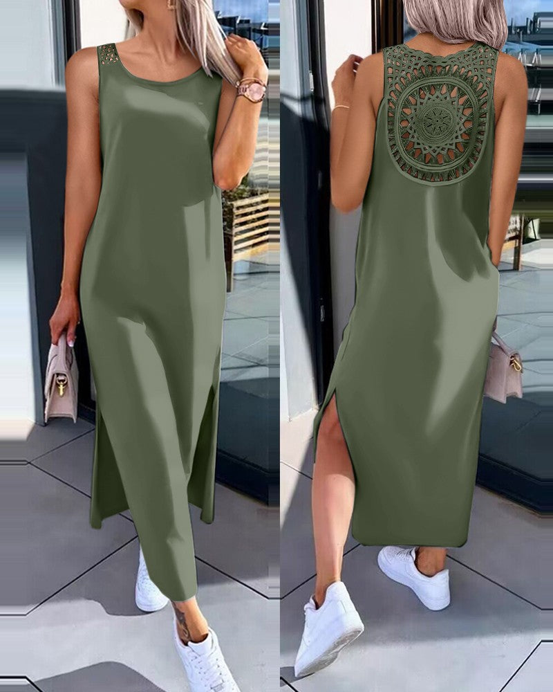 【30% OFF】【S-XXL】Nyári ruha oldalsó hasítékos, ujjatlan, csipkés