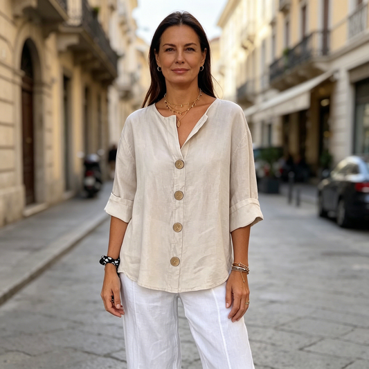 🔥【S-5XL】Új női V nyakú pamut-len póló, gombos gallérral: egyszerű és elegáns