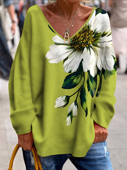 💐【S-2XL】Wiosenno-jesienna modna damska koszulka z dekoltem w serek i kwiatowym nadrukiem