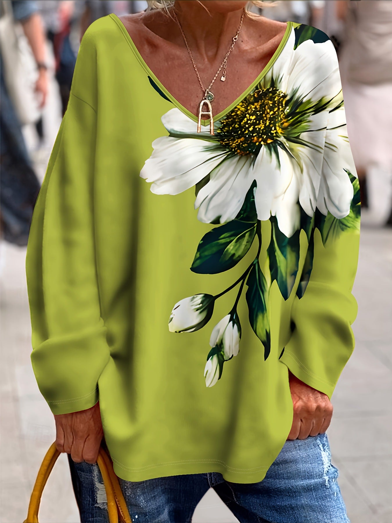 💐【S-2XL】Wiosenno-jesienna modna damska koszulka z dekoltem w serek i kwiatowym nadrukiem