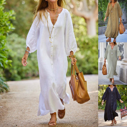 👗🎁 [S–3XL] Nova ženska duga haljina-košulja s V-izrezom, prirodni materijal od pamuka i lana