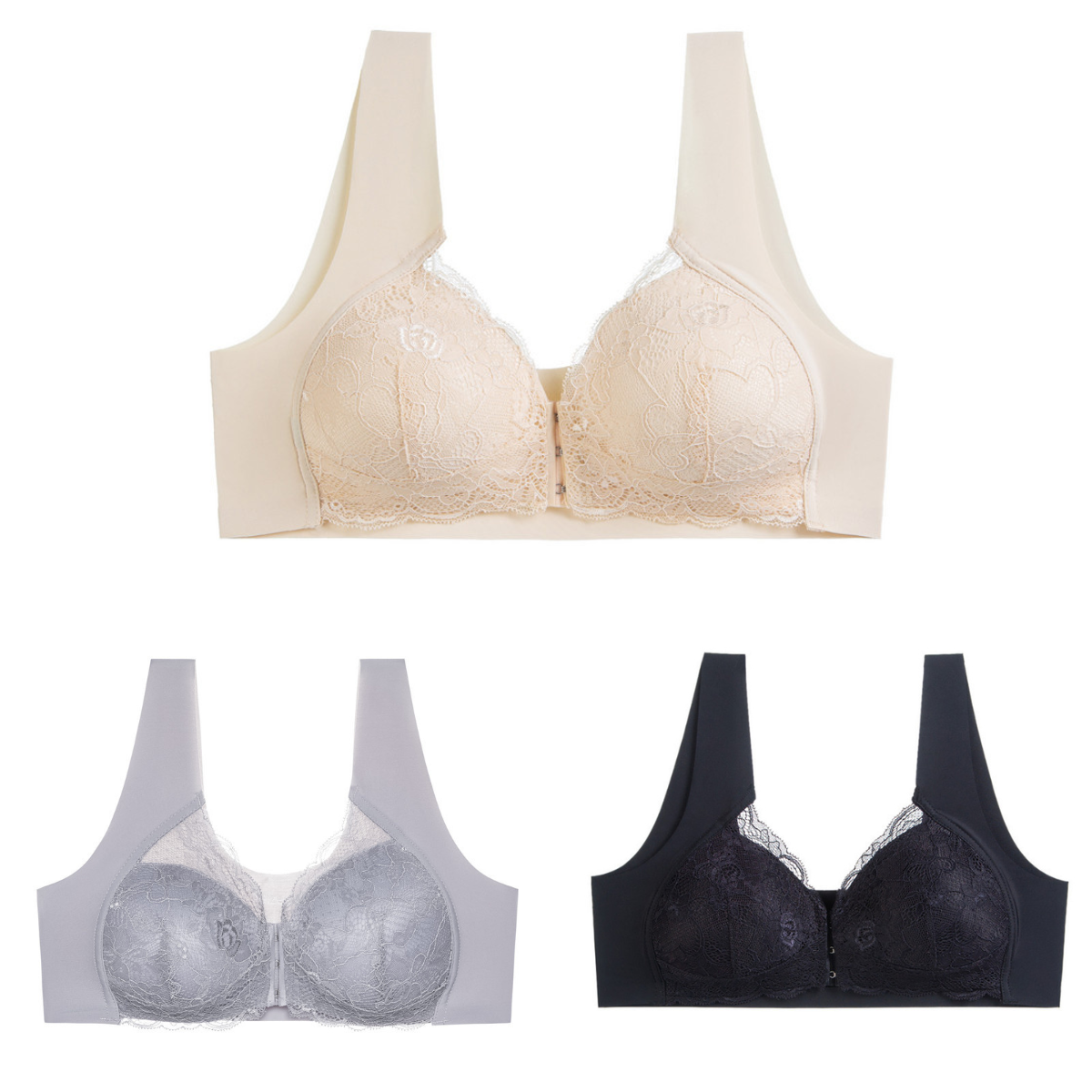 💖【3 részes szett】【40-110 kg】😍Női szexi csipkés, varrás nélküli, merevítő nélküli melltartó elöl záródó kialakítással, nagyobb méretekhez tervezve