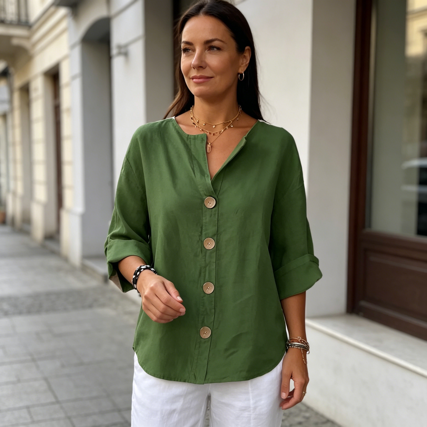 🔥【S-5XL】Új női V nyakú pamut-len póló, gombos gallérral: egyszerű és elegáns