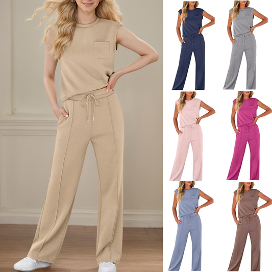 💎Korlátozott ideig 50% kedvezmény🧥Elegáns női egyszínű alkalmi szett, ujjatlan felsővel és magas derekú bő szárú nadrággal