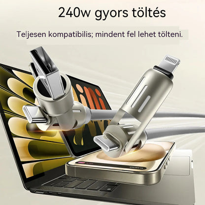 🔥【2 db 9000 Ft】🔥(2 méter hosszú) 4 az 1-ben PD 240W kábel - Gyors USB-C, Lightning és USB-A töltés, alumínium és szilikon kivitel, adatátvitel ⚡📱