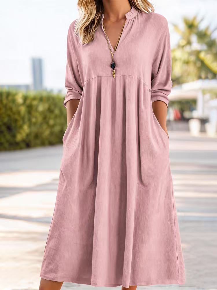 💃【50% kedvezmény】Új divatos retro pamut-len ruha V-nyakkivágással