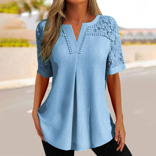 👚【40-100kg】[Poletna razprodaja] Nova majica s kratkimi rokavi s čipkastimi šivi 2026