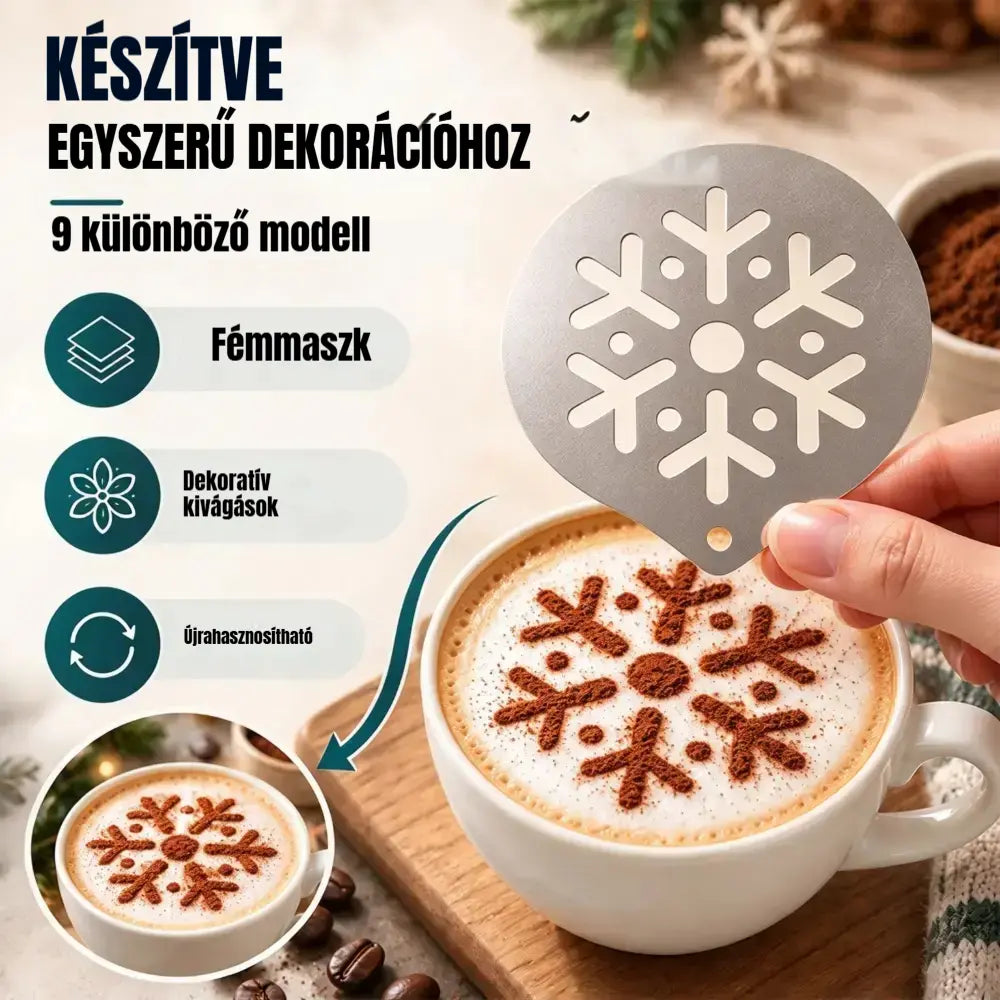 ☕【9 tétel 8600 Ft】 Rozsdamentes acél sablon kávé-latte art készítéséhez