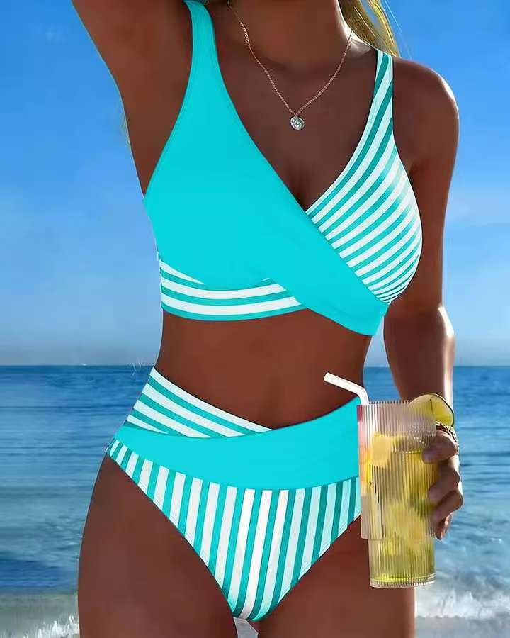 【40–100 kg】Dvodelni bikini z barvitimi bloki in črtami