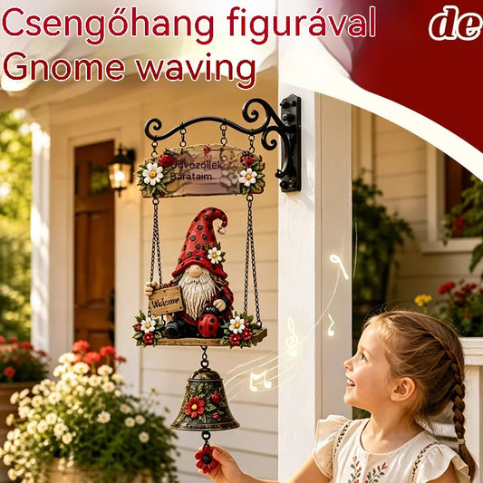 Kerti törpével díszített üdvözlőcsengő, "Üdvözlő" tábla, retró bronzcsengő, vas fali tartó, udvari és terasz dekoráció