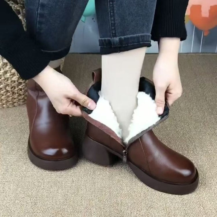 🎀👢[35-40] Téli új stílusú--Retro vastag sarkú Martin csizma női bőr csizma vízálló plusz bársony meleg pamut cipő