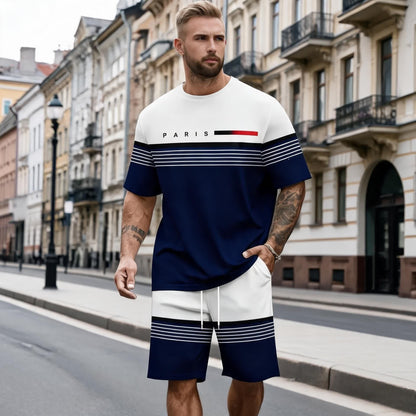 【S-5XL】Férfi laza és kényelmes rövid ujjú póló és rövidnadrág szett betűmintával.