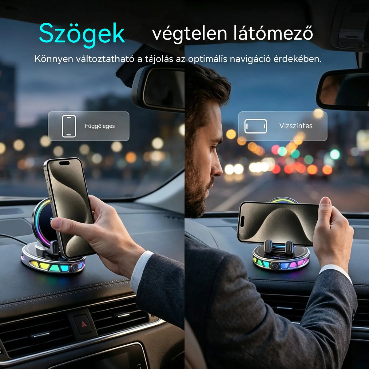 📱 RGB autós tartó automatikus rögzítéssel és 15 W-os vezeték nélküli töltéssel