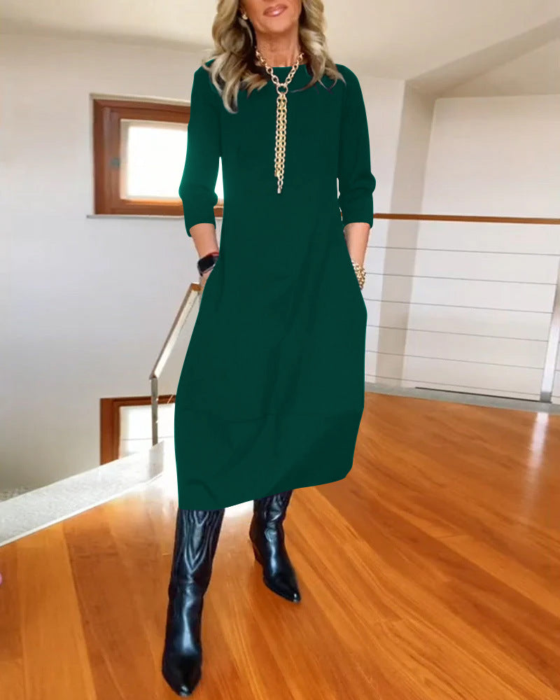 🔥【S-5XL】✨🙌Elegáns, egyszínű, hosszú ujjú ruha, kényelmes és praktikus, mindennapi viseletre alkalmas.