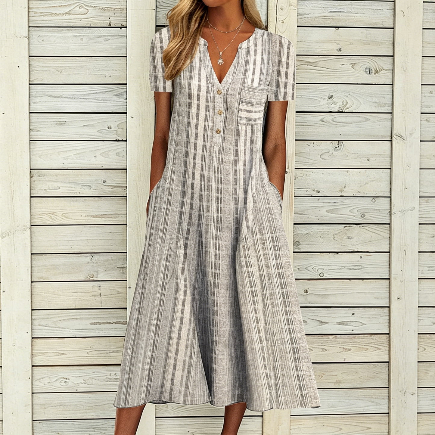 🔥【50% kedvezmény】[S-3XL]👗Elegáns kockás V nyakú A-vonalú ruha