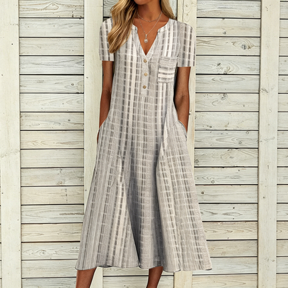 🔥【50% kedvezmény】[S-3XL]👗Elegáns kockás V nyakú A-vonalú ruha