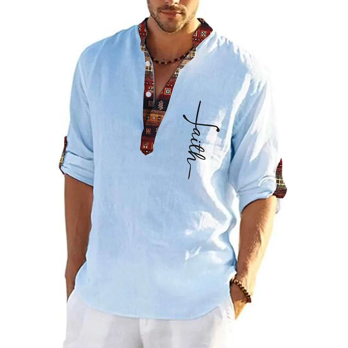 💥👔【50% kedvezmény 🔥】【S-3XL】Férfi len-pamut ing, mintás, V-nyakú kialakítással