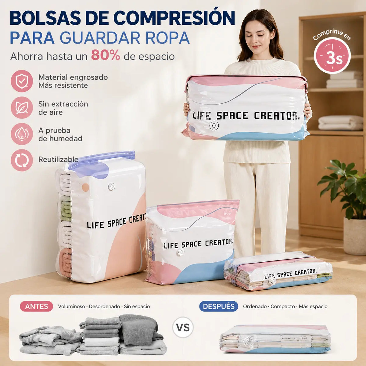 👕📦【5 piezas 28 euros】Bolsas de compresión para guardar ropa, no requieren vacío, diseño reforzado.