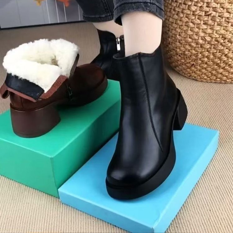🎀👢[35-40] Téli új stílusú--Retro vastag sarkú Martin csizma női bőr csizma vízálló plusz bársony meleg pamut cipő