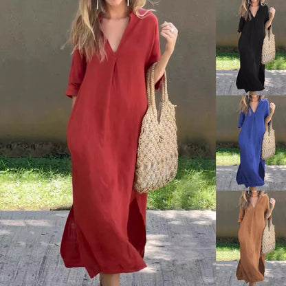 ✨👗【S–3XL】Hosszú, V-nyakú, hasítékos vászonruha, kényelmes és könnyű nyári viselet.