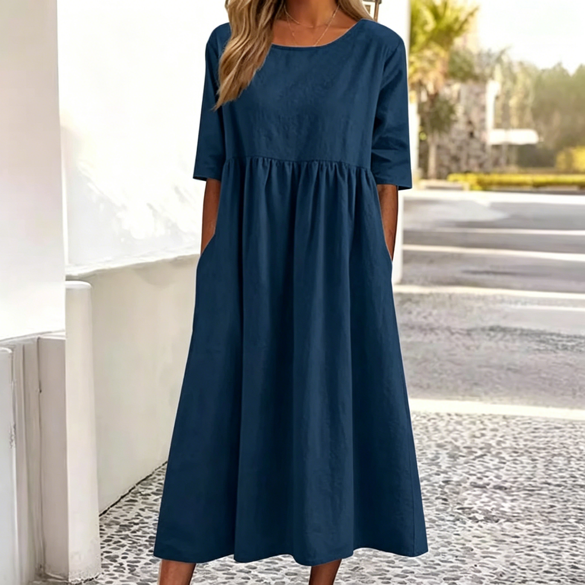 💃【50% kedvezmény】Új pamut-len alkalmi rövid ujjú ruha zsebekkel, ingyenes szállítással.