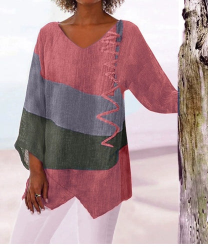 ⏳ Utolsó nap – 50% kedvezmény 😍【S~5XL】Női elegáns hétköznapi felső: V-nyakú, hosszú ujjú, művészi mintás nyomat